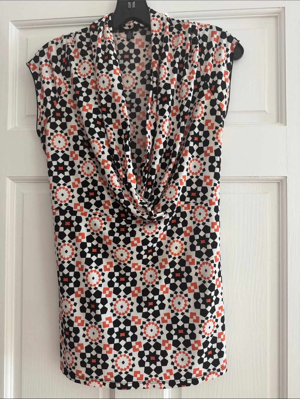 Cowl Neck Sleeveless Top in Black, White & Coral Geometric Print